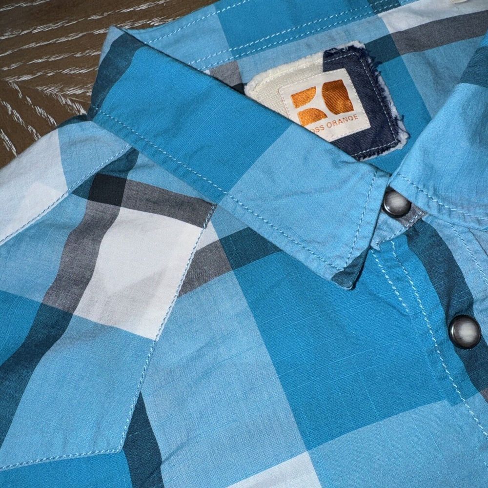 HUGO BOSS Orange TEAL/GRAY PLAID Shirt Mens XL Slim Fit Pearl Snap Western NICE! - Picture 8 of 10